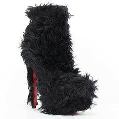 CHRISTIAN LOUBOUTIN black shaggy faux fur fluffy platform heel ankle boot EU36