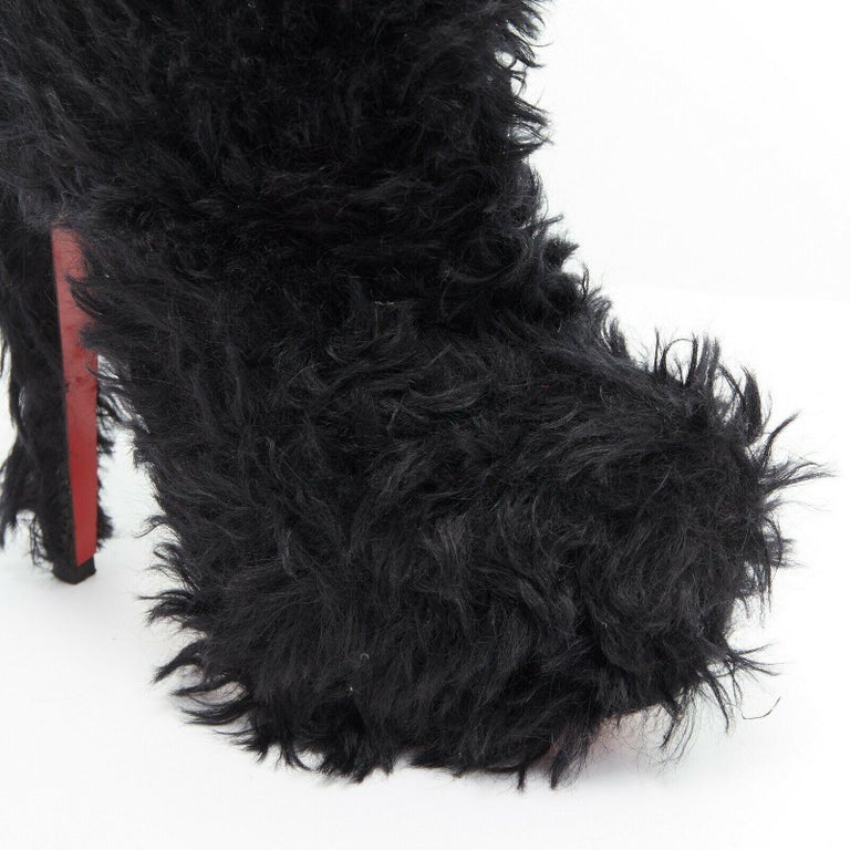 CHRISTIAN LOUBOUTIN black shaggy faux fur fluffy platform heel ankle