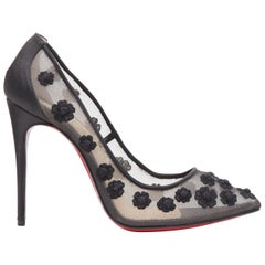 CHRISTIAN LOUBOUTIN black sheer mesh floral embroidered pointy pigalle EU36.5