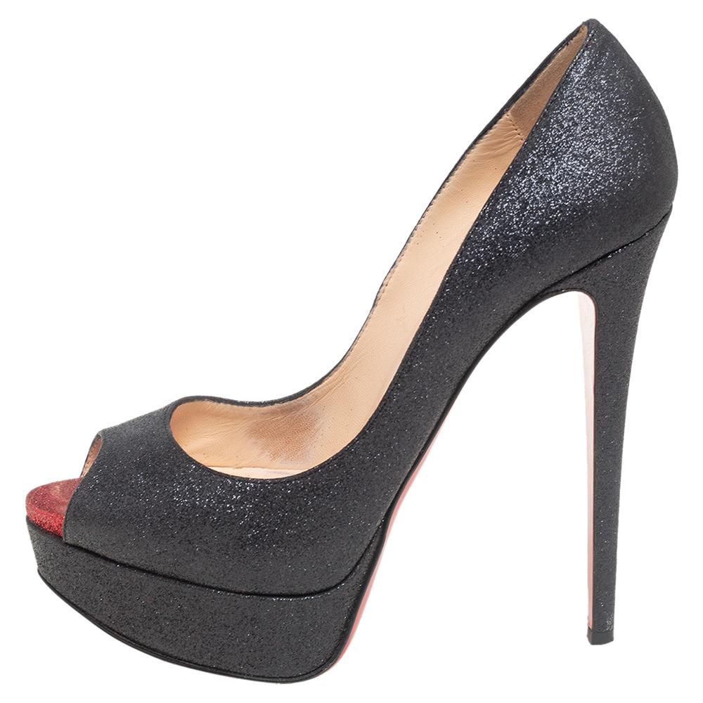 Christian Louboutin Black Shimmer Fabric New Very Prive Peep-Toe Pumps Size 37.5 1