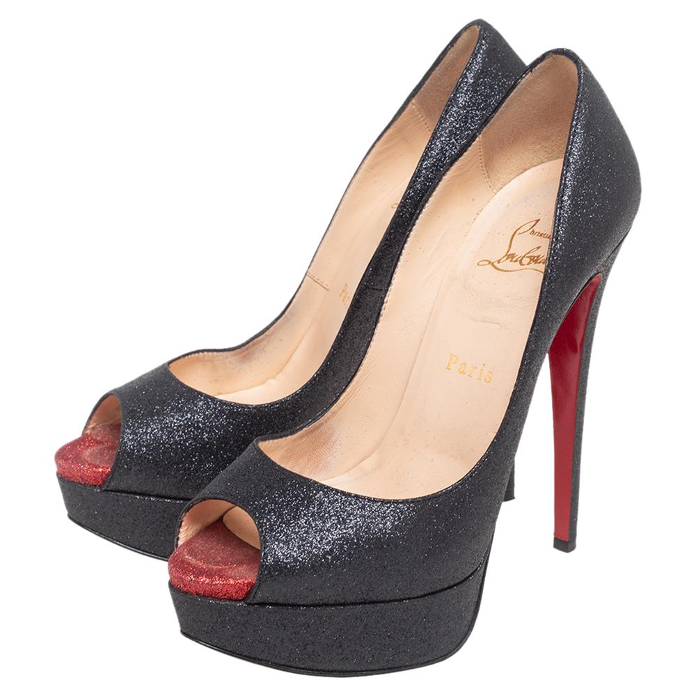 Christian Louboutin Black Shimmer Fabric New Very Prive Peep-Toe Pumps Size 37.5 2