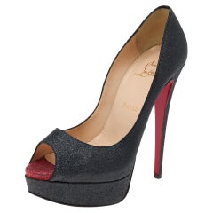 Christian Louboutin Black Shimmer Fabric New Very Prive Peep Toe Size 38.5