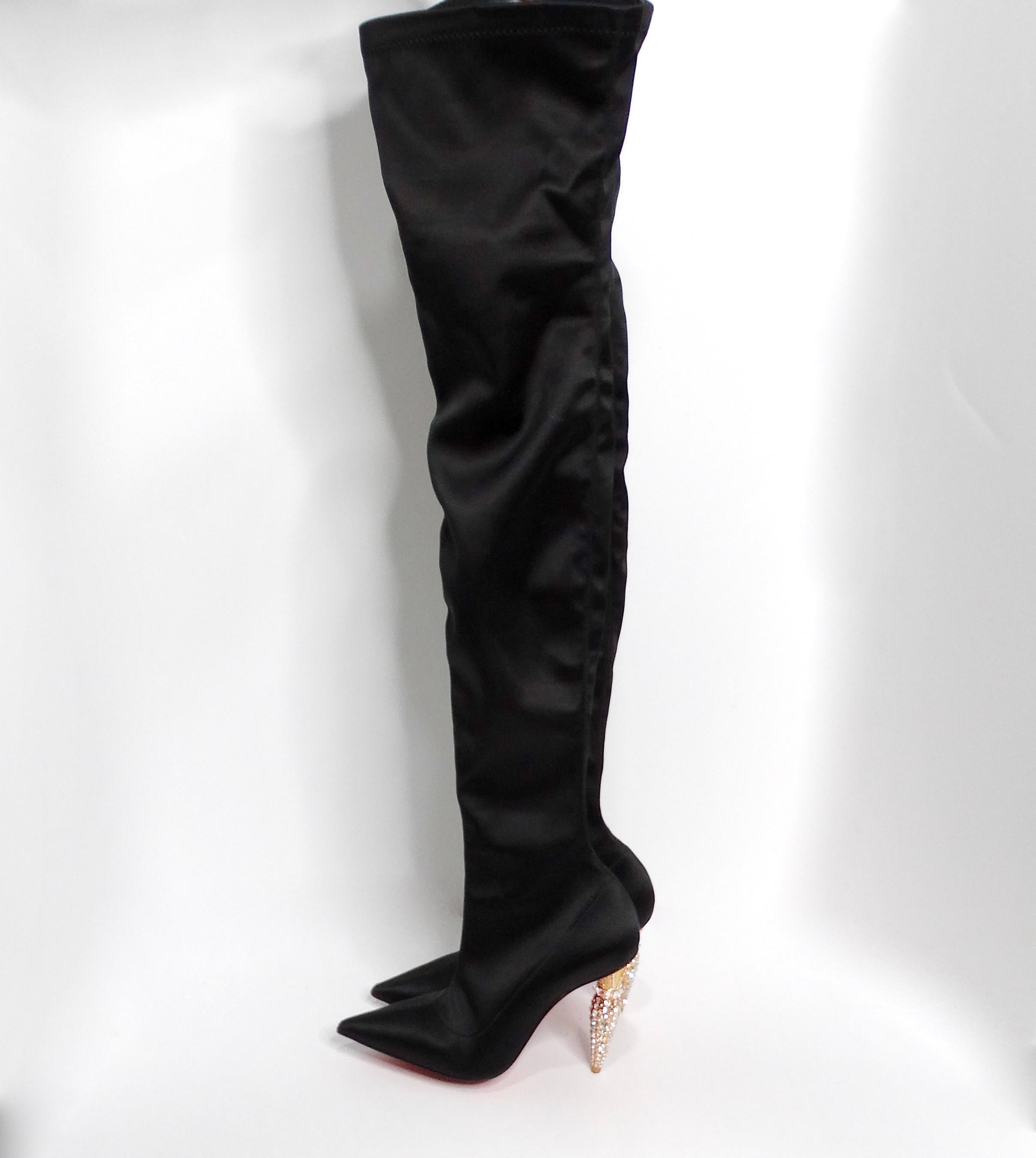 Christian Louboutin Black Silk Lipstrass Thigh-High Boots In Good Condition For Sale In Scottsdale, AZ