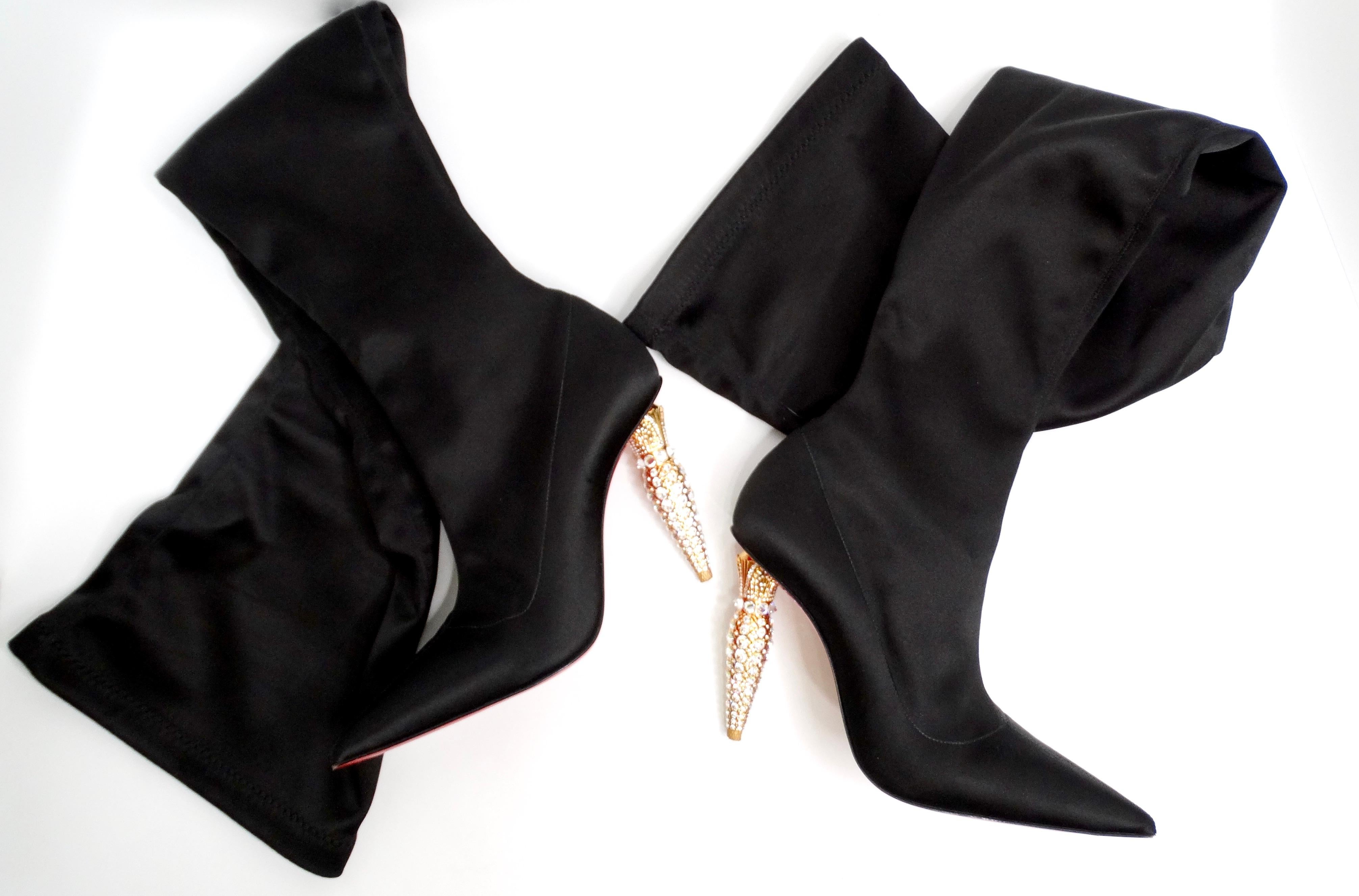 Women's Christian Louboutin Black Silk Lipstrass Thigh-High Boots For Sale