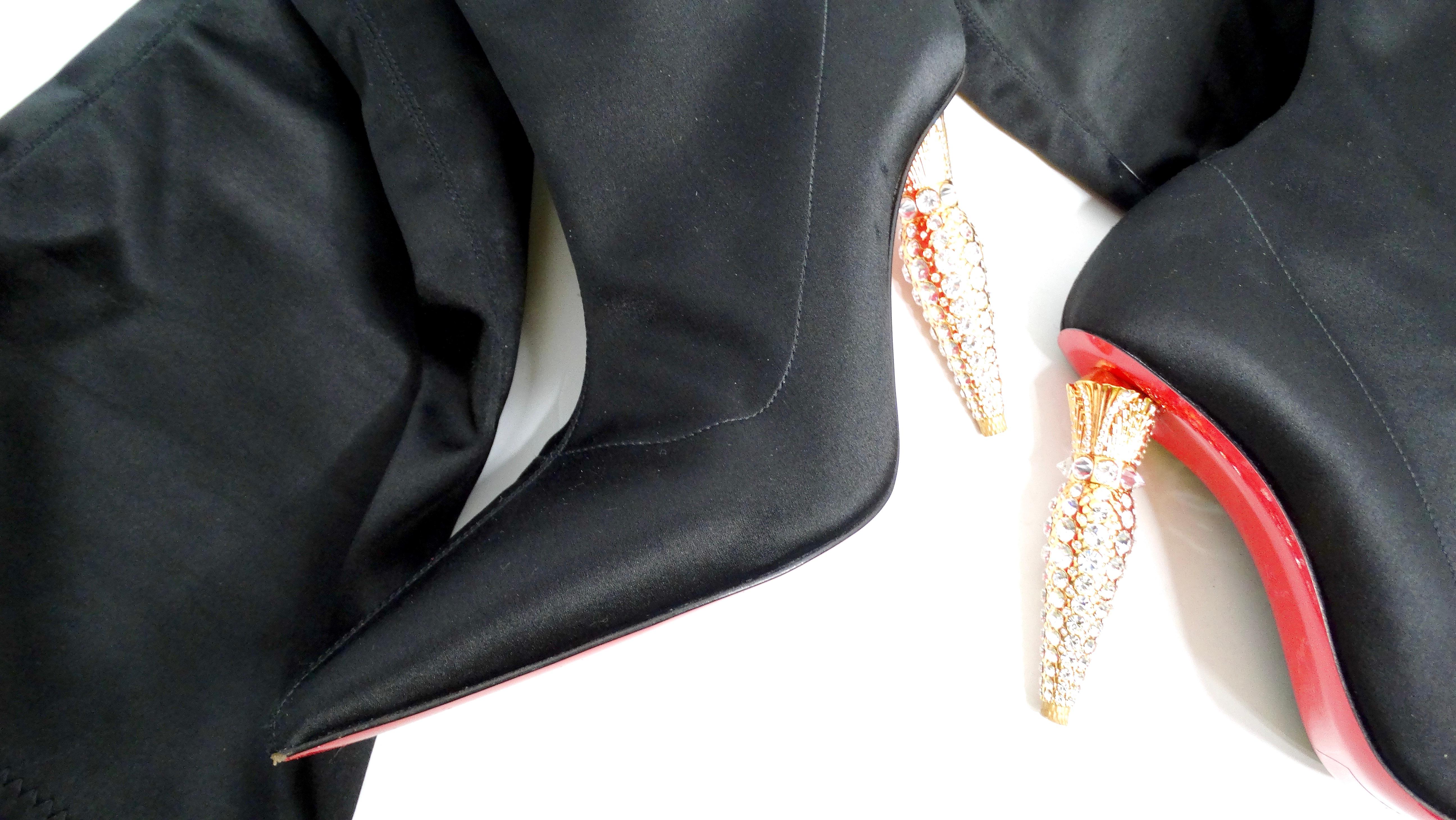 Christian Louboutin Black Silk Lipstrass Thigh-High Boots For Sale 1