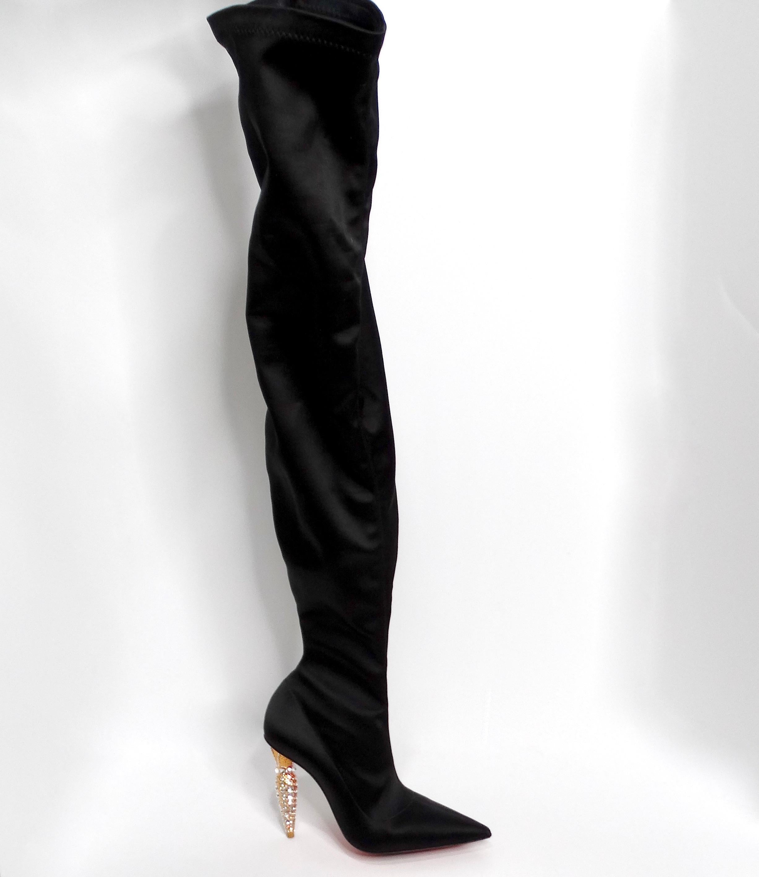 Christian Louboutin Black Silk Lipstrass Thigh-High Boots For Sale 3