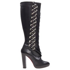 CHRISTIAN LOUBOUTIN black silver buckle detail platform chunky sole boot EU39