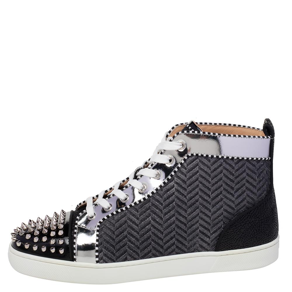 Men's Christian Louboutin Black/Silver Fabric Spikes Orlato Flat Sneakers Size 44.5