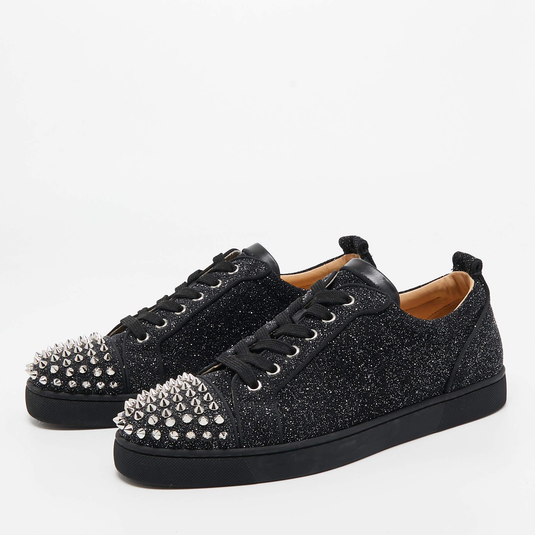 Men's Christian Louboutin Black/Silver Glitter Louis Junior Pik Pik Spike Toe Low Top