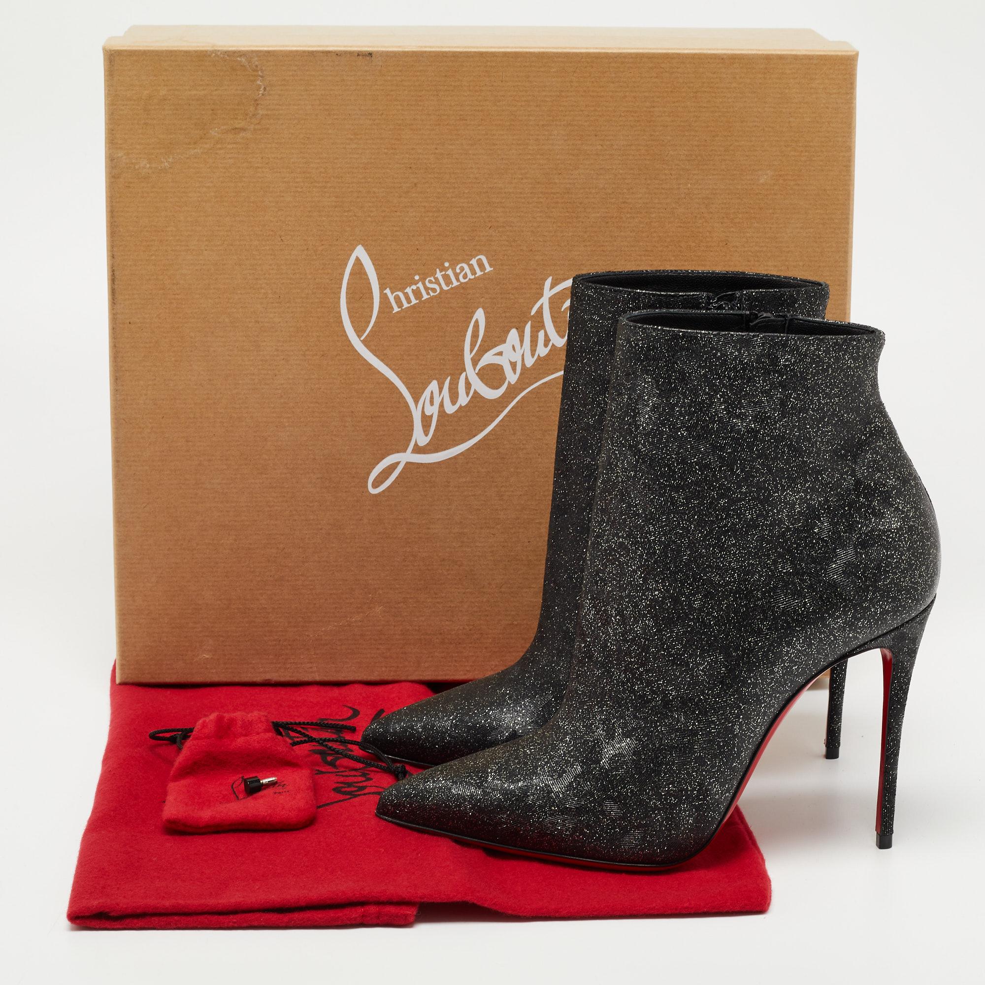 Christian Louboutin Black/Silver Leather and Glitter So Kate Ankle Boots Size 37 2