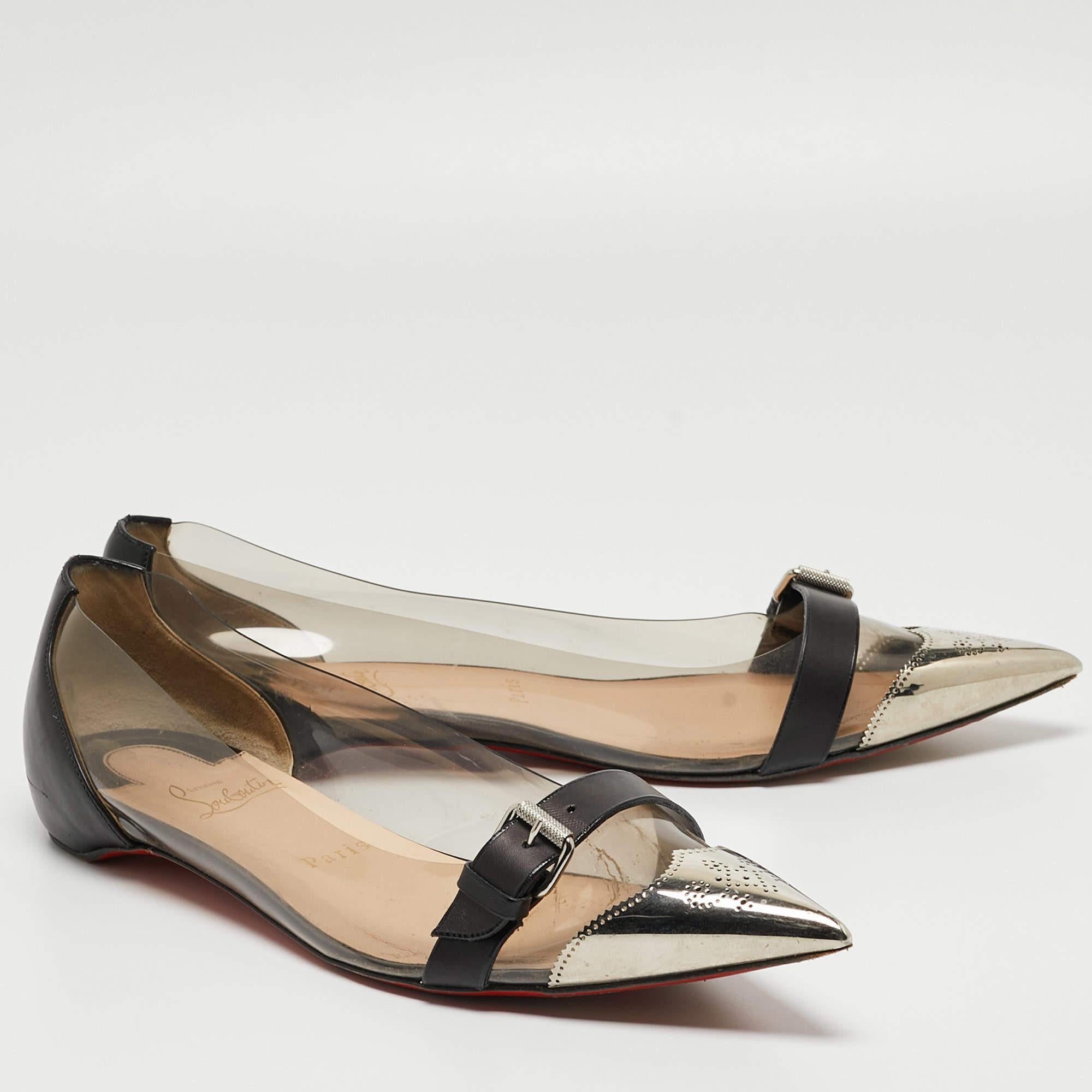 Christian Louboutin Black/Silver Leather and PVC Buckle Ballet Flats Size 40 For Sale 1