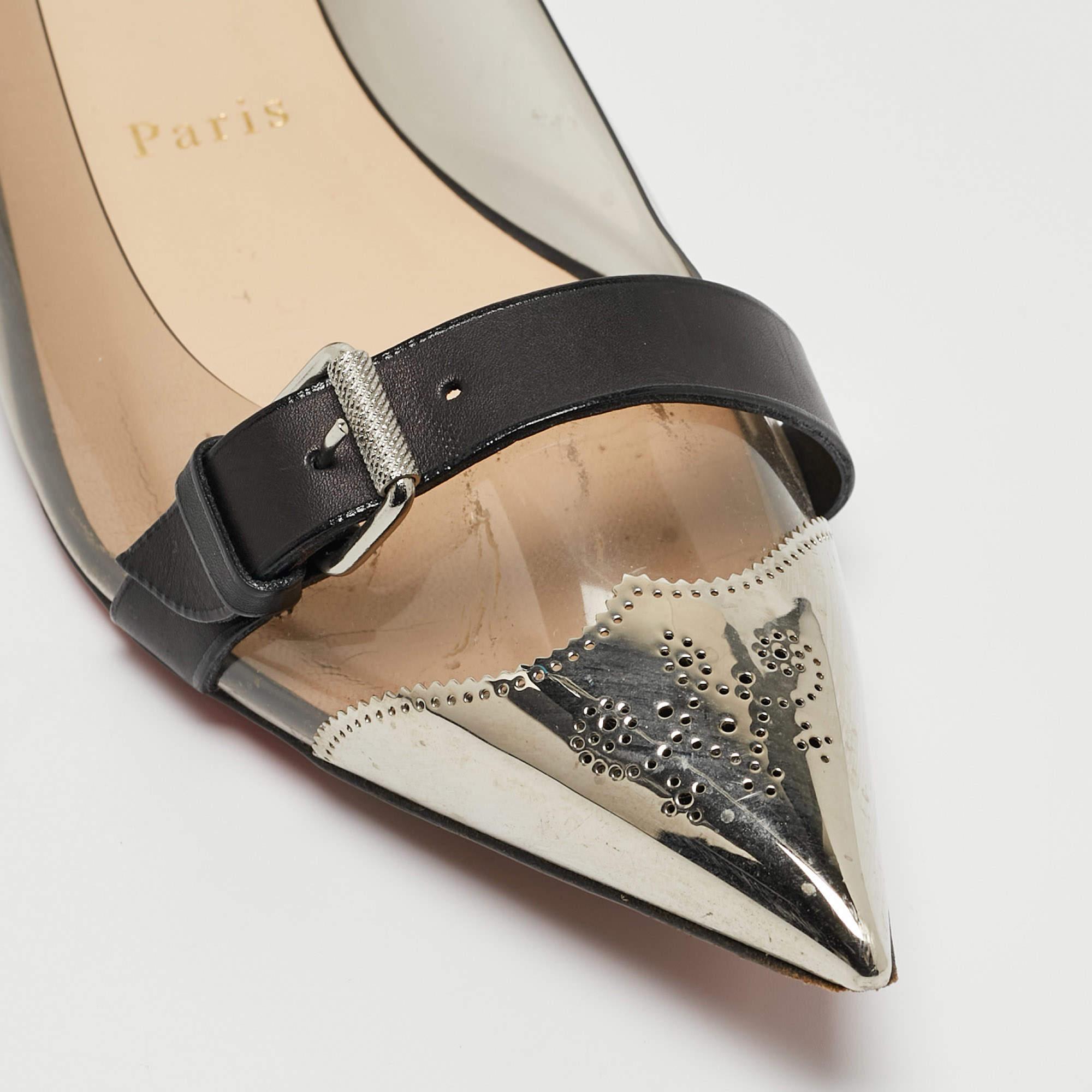 Christian Louboutin Black/Silver Leather and PVC Buckle Ballet Flats Size 40 For Sale 2