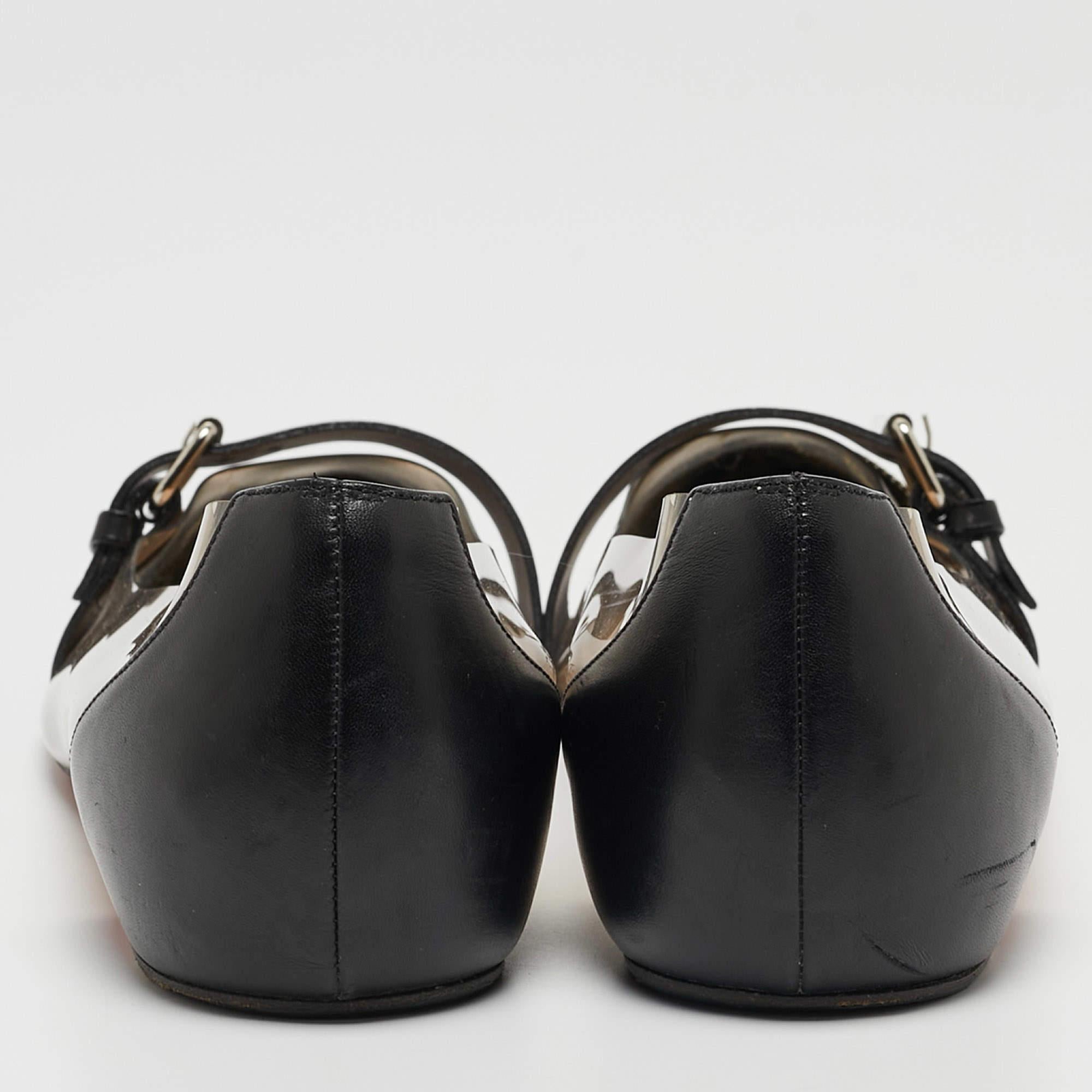 Christian Louboutin Black/Silver Leather and PVC Buckle Ballet Flats Size 40 For Sale 3