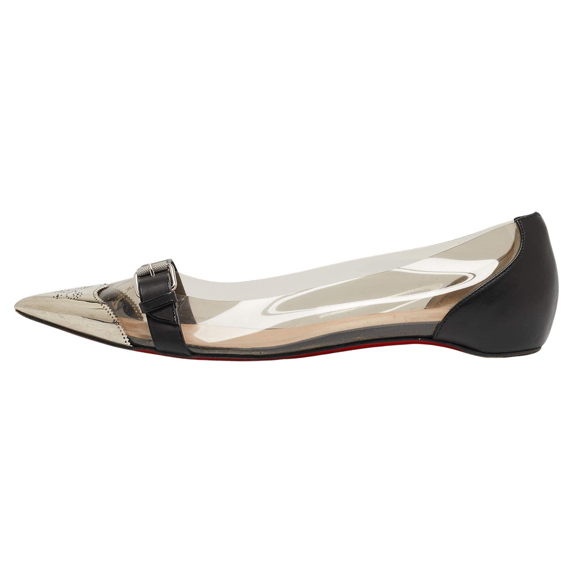 Christian Louboutin Black/Silver Leather and PVC Buckle Ballet Flats Size 40 For Sale