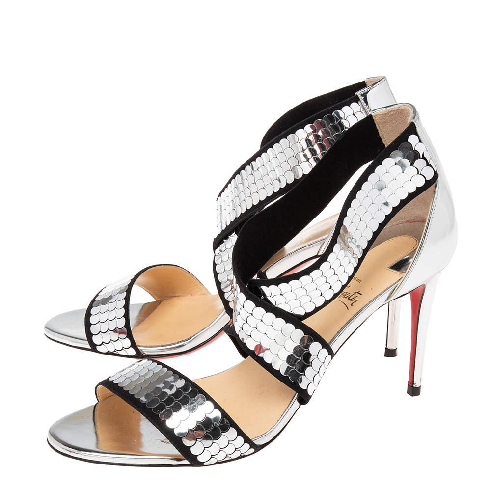 Beige Christian Louboutin Black/Silver Sequins Fabric and Leather Xili Disco Sandals S For Sale