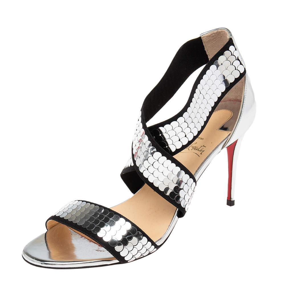 Christian Louboutin Black/Silver Sequins Fabric and Leather Xili Disco Sandals S In Good Condition For Sale In Dubai, Al Qouz 2