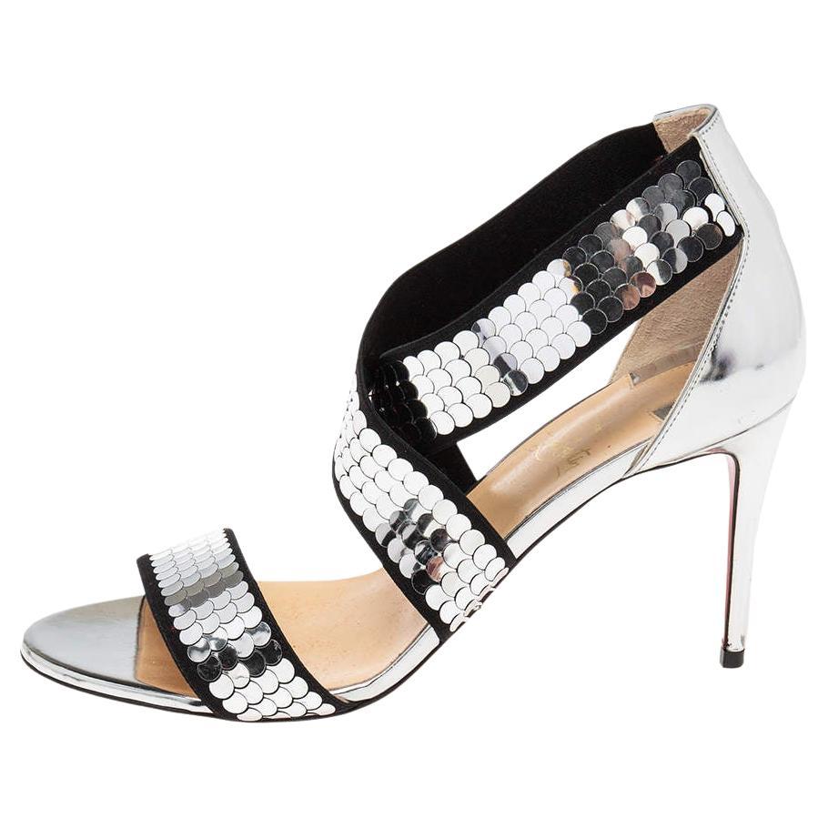 Christian Louboutin Black/Silver Sequins Fabric and Leather Xili Disco Sandals S For Sale
