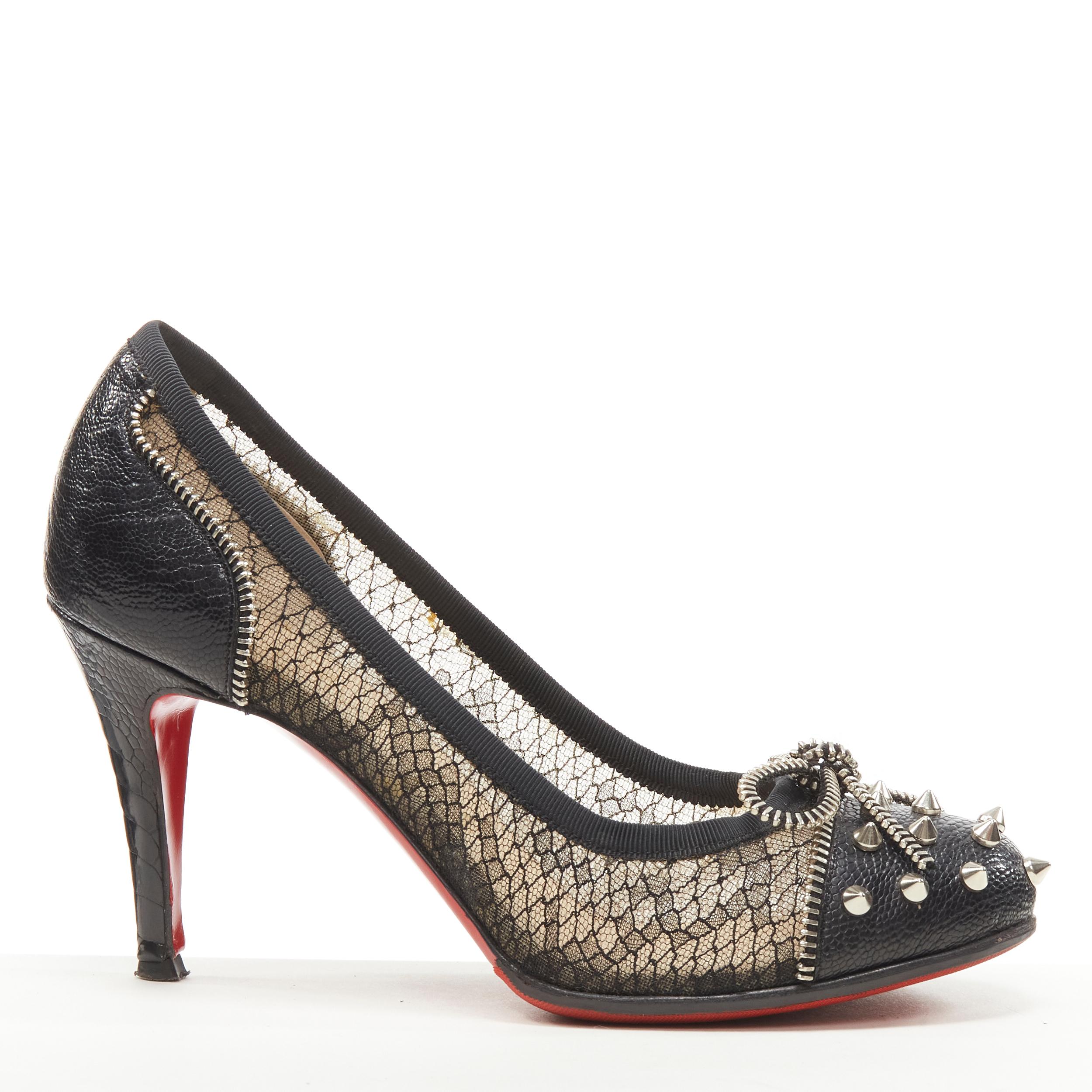 CHRISTIAN LOUBOUTIN black spike stud zipper bow python lace high heel pump EU37 In Excellent Condition In Hong Kong, NT