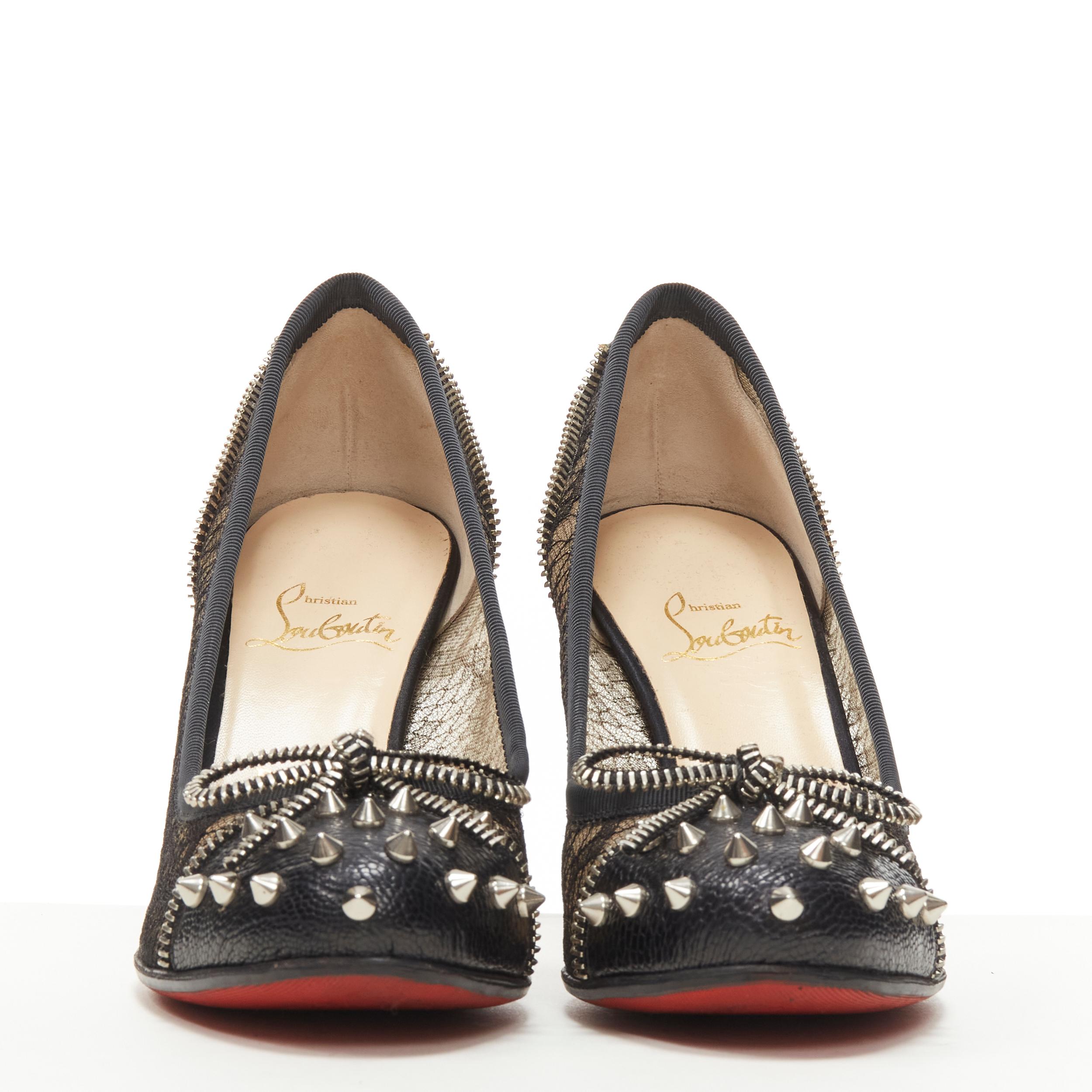 Women's CHRISTIAN LOUBOUTIN black spike stud zipper bow python lace high heel pump EU37
