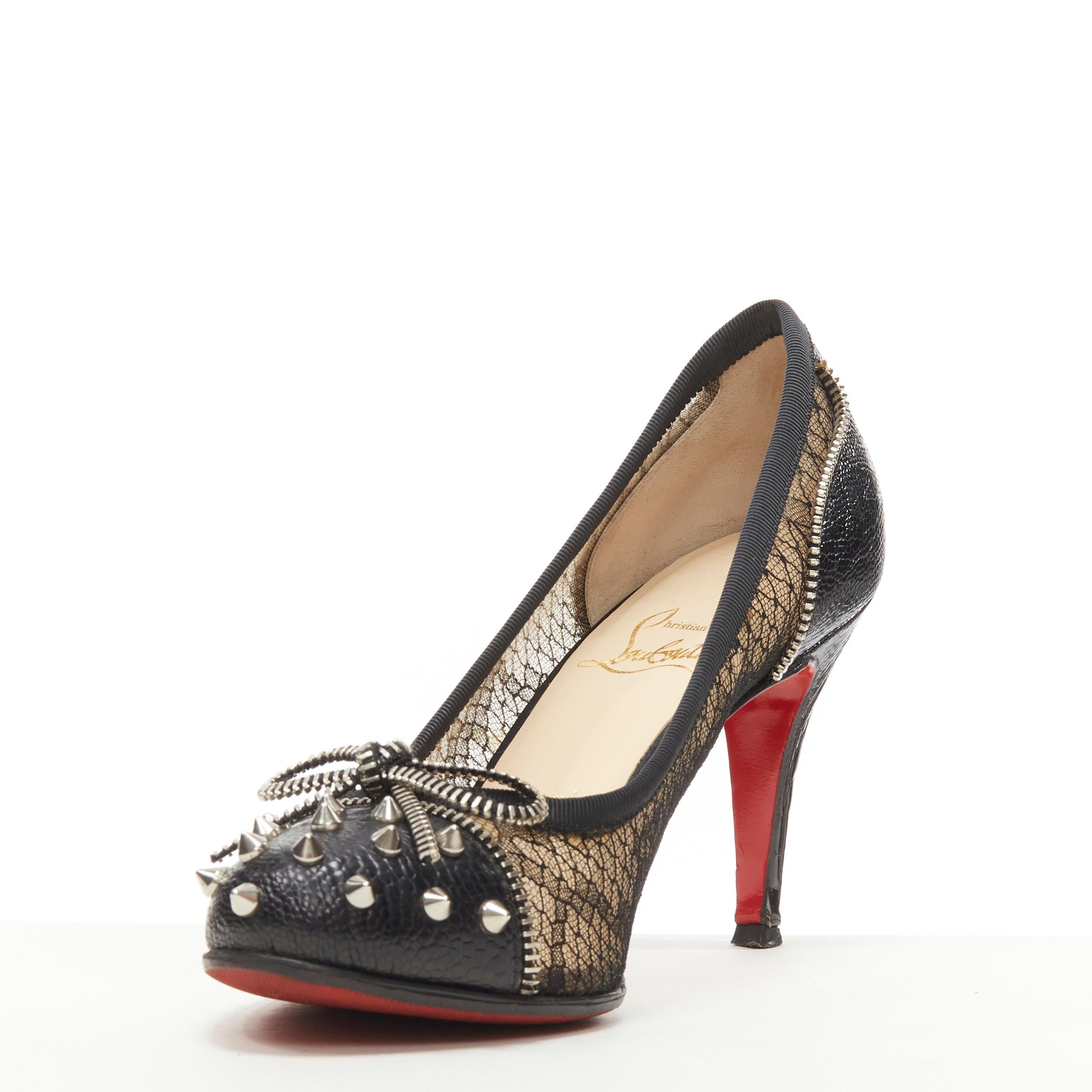 CHRISTIAN LOUBOUTIN black spike stud zipper bow python lace high heel pump EU37 1