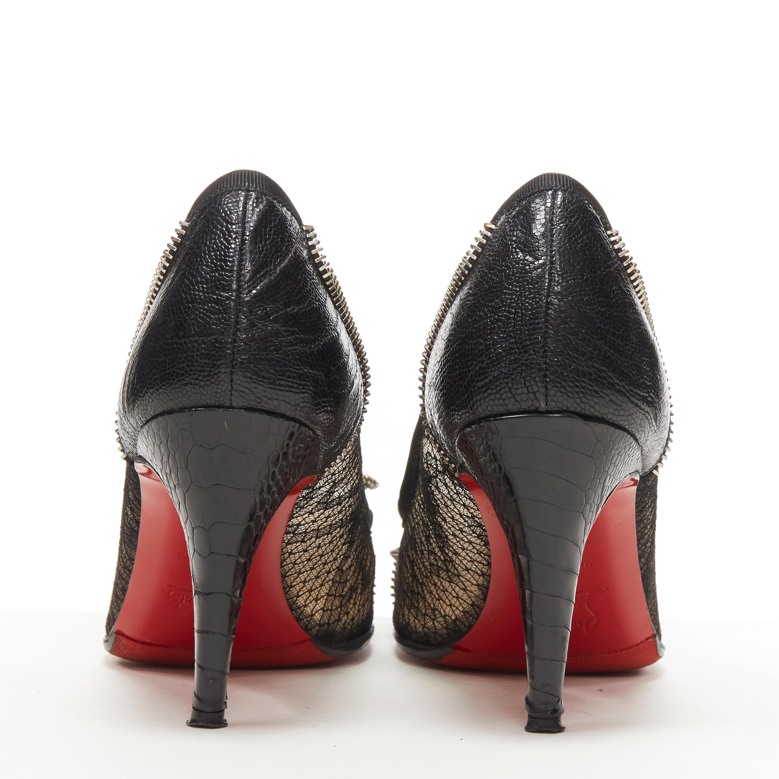 CHRISTIAN LOUBOUTIN black spike stud zipper bow python lace high heel pump EU37 2