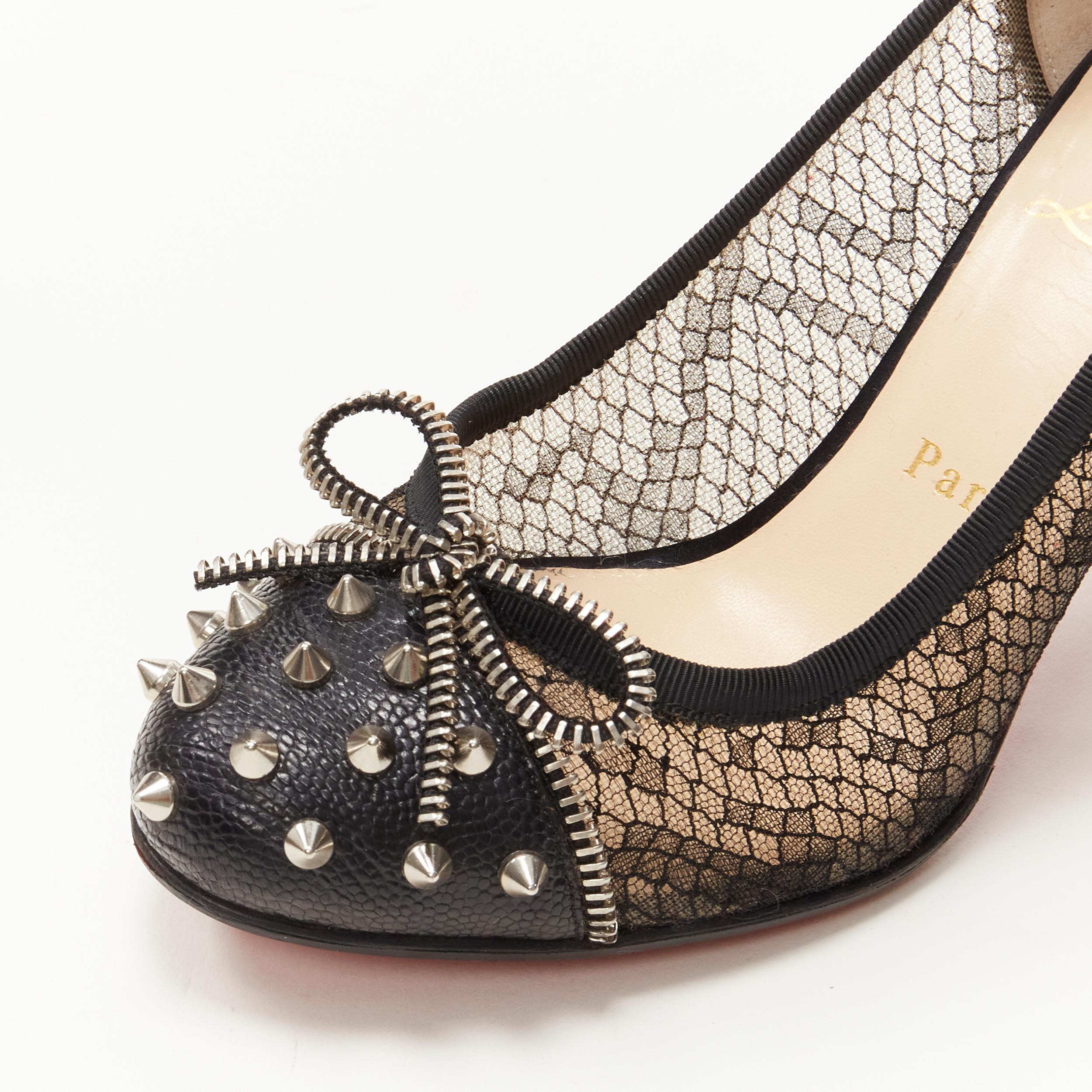 CHRISTIAN LOUBOUTIN black spike stud zipper bow python lace high heel pump EU37 3