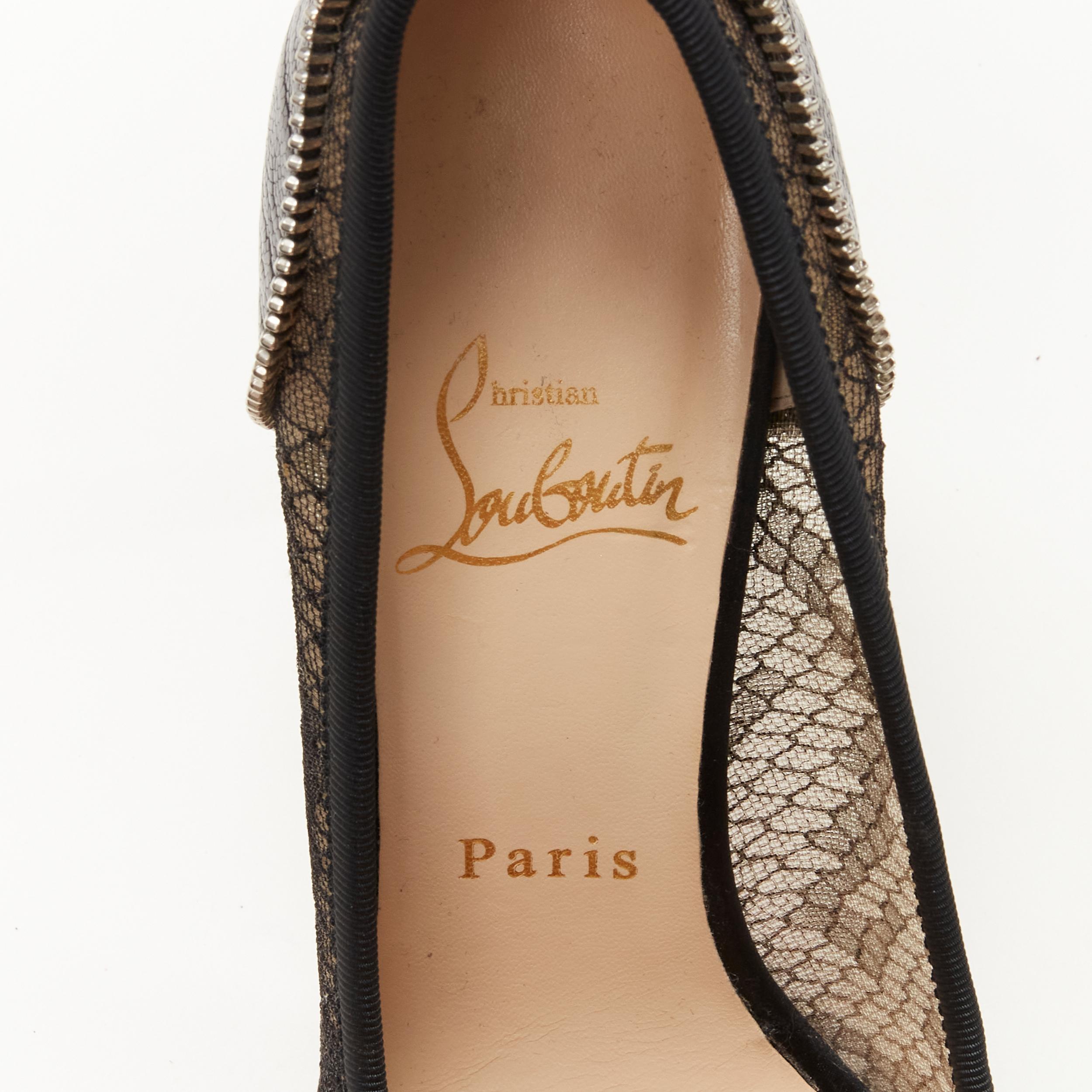 CHRISTIAN LOUBOUTIN black spike stud zipper bow python lace high heel pump EU37 5