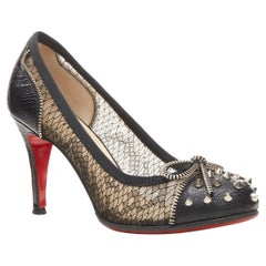 Used CHRISTIAN LOUBOUTIN black spike stud zipper bow python lace high heel pump EU37