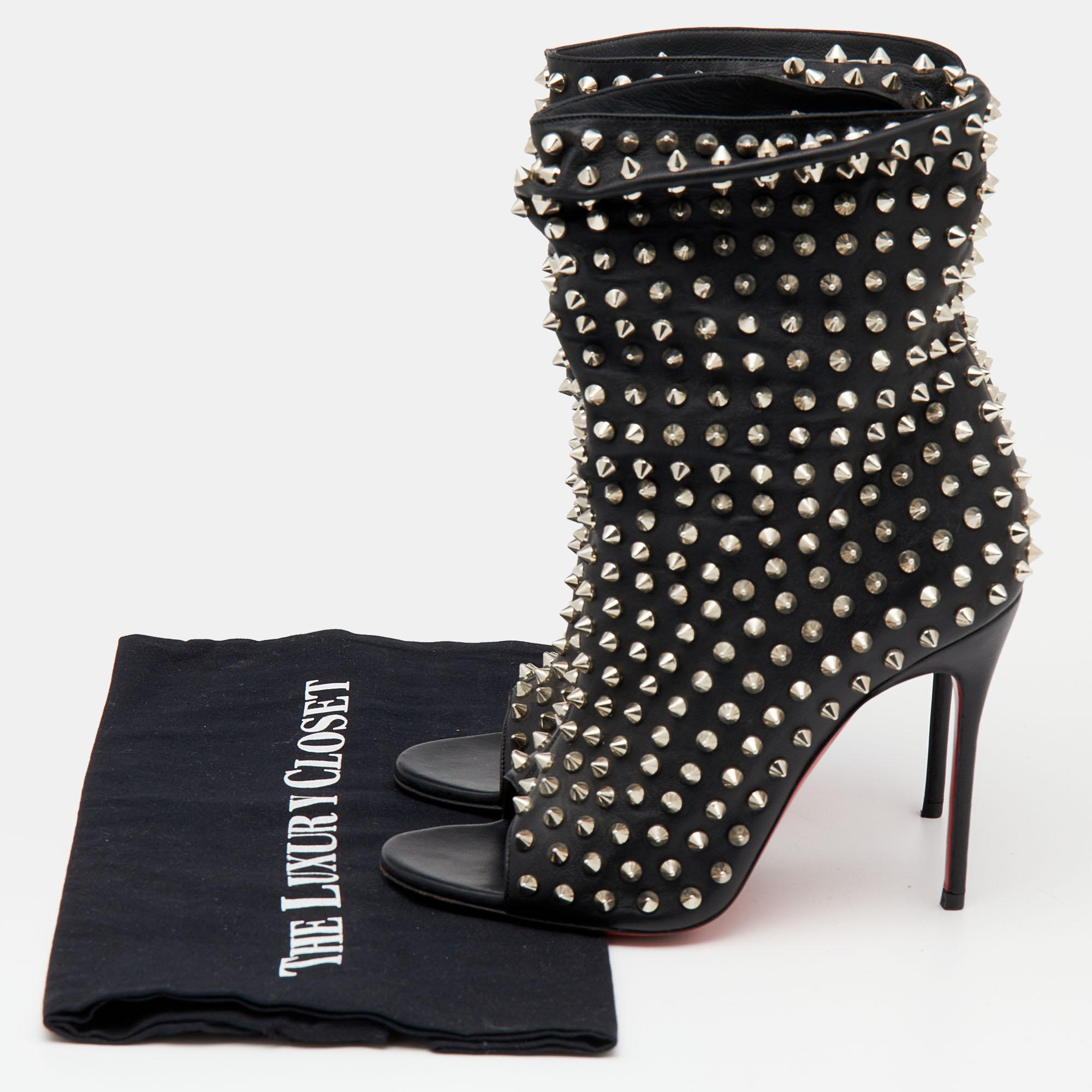 Women's Christian Louboutin Black Spiked Guerilla Peep Toe Slouchy Ankle Boots Size 37.5