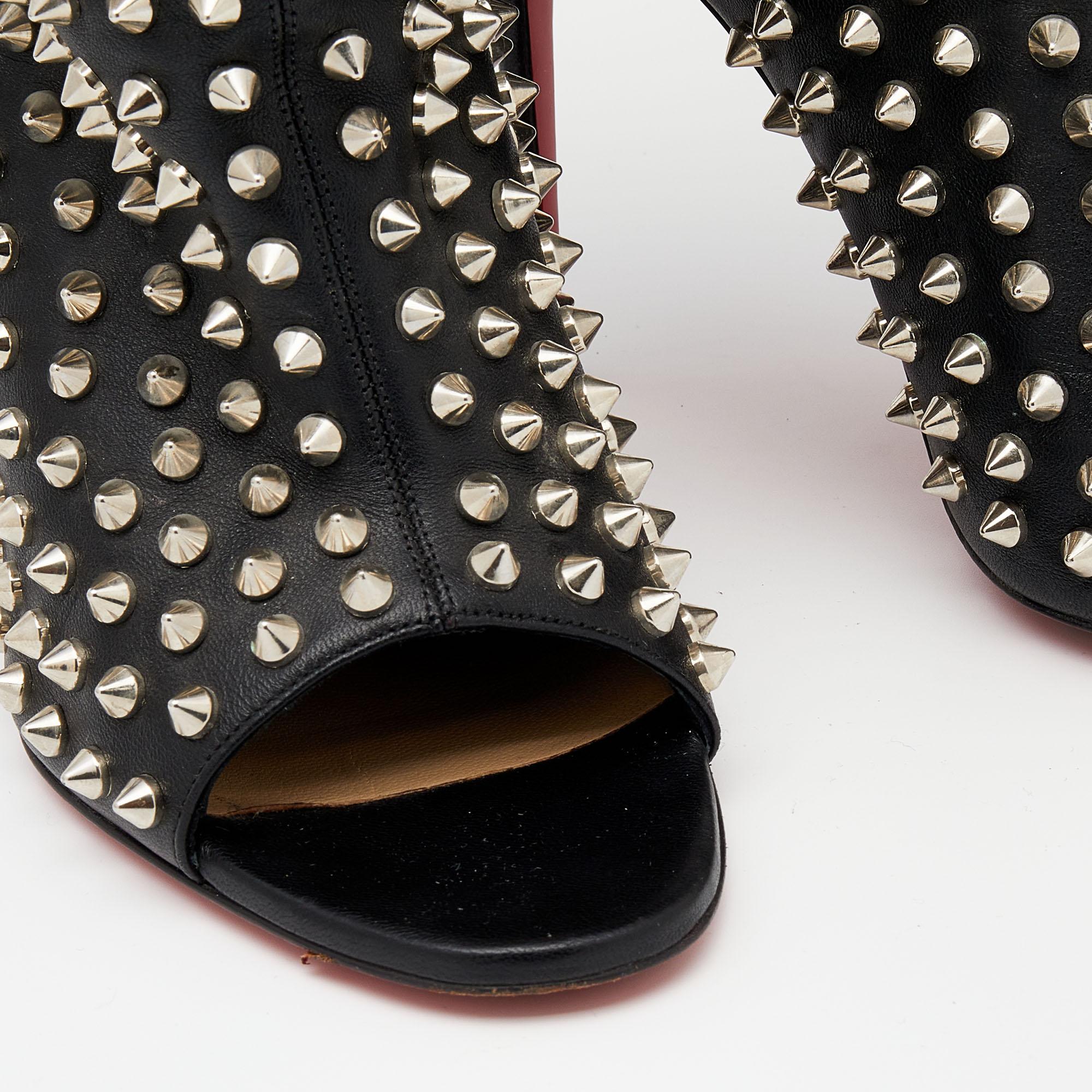 Christian Louboutin Black Spiked Guerilla Peep Toe Slouchy Ankle Boots Size 37.5 1