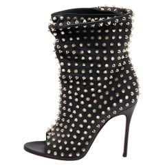 Christian Louboutin Black Spiked Guerilla Peep Toe Slouchy Ankle Boots Size 37.5