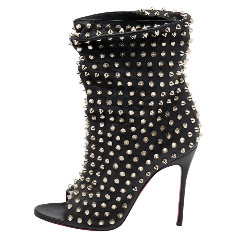 Christian Louboutin Black Spiked Guerilla Peep Toe Slouchy Ankle Boots ...
