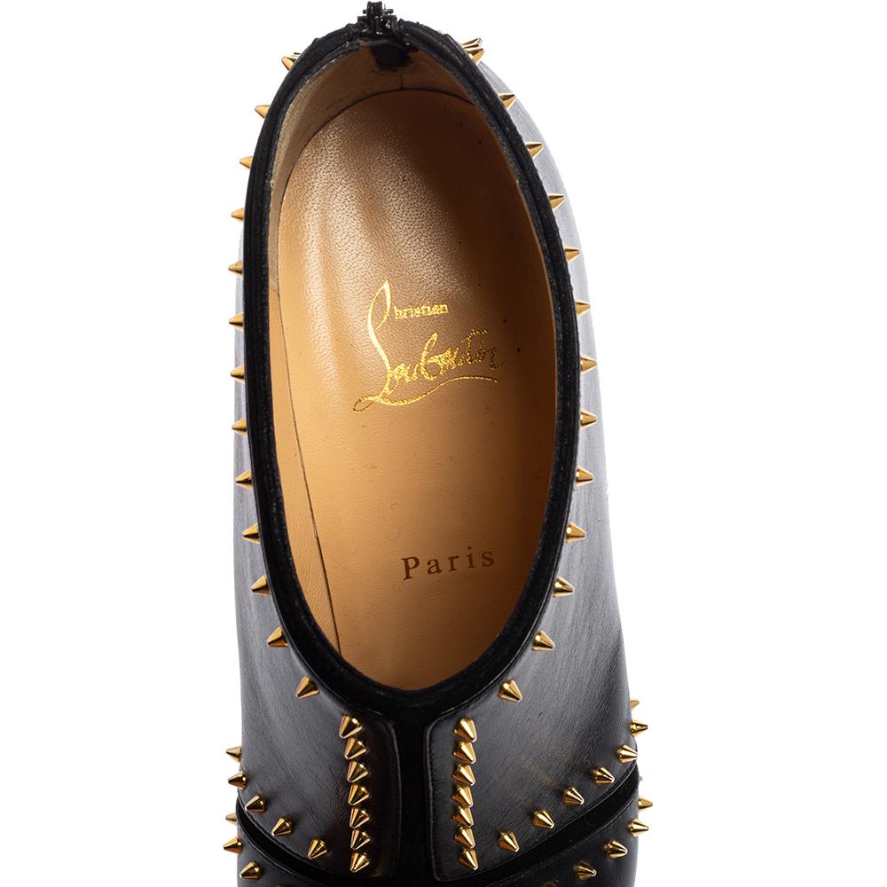 Women's Christian Louboutin Black Spiked Leather Carapachoc Peep Toe Booties Size 41