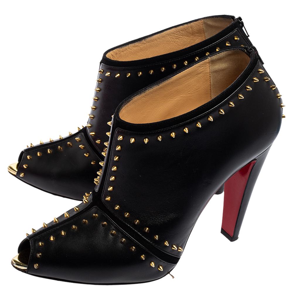 Christian Louboutin Black Spiked Leather Carapachoc Peep Toe Booties Size 41 1