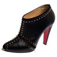 Christian Louboutin Black Spiked Leather Carapachoc Peep Toe Booties Size 41