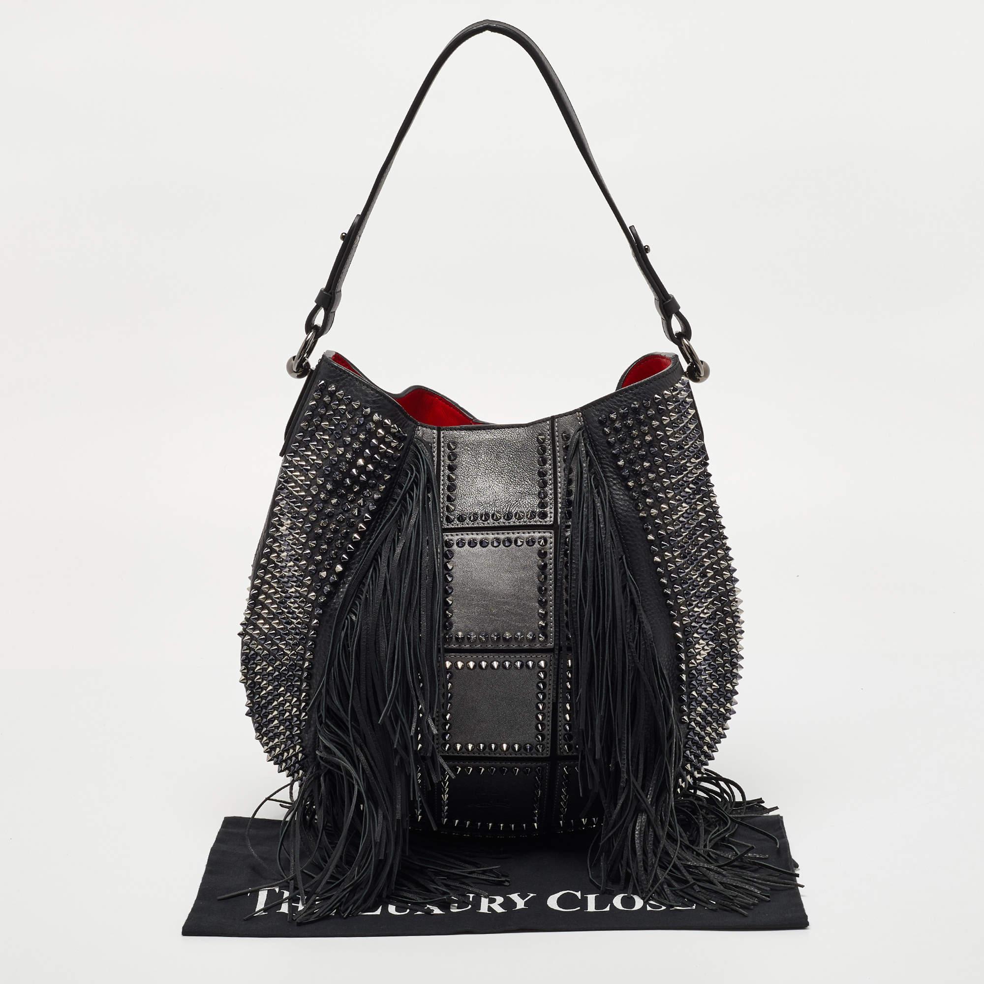 Christian Louboutin Black Spiked Leather Lucky L Fringe Hobo 8