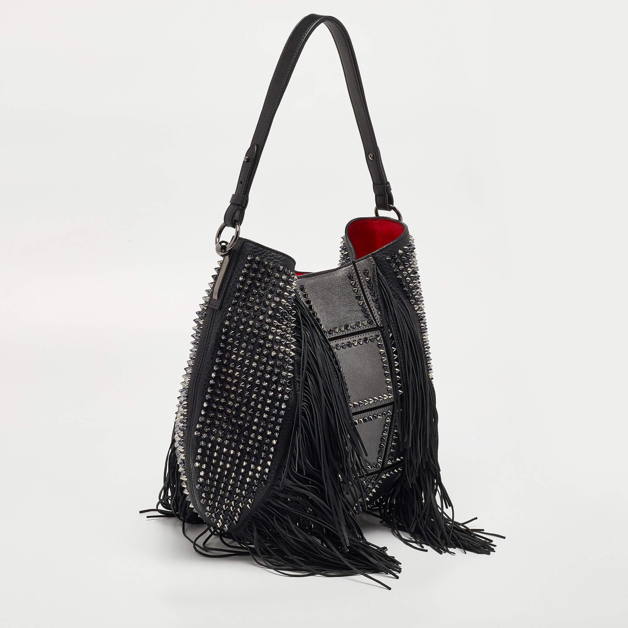 Christian Louboutin Black Spiked Leather Lucky L Fringe Hobo In Good Condition In Dubai, Al Qouz 2