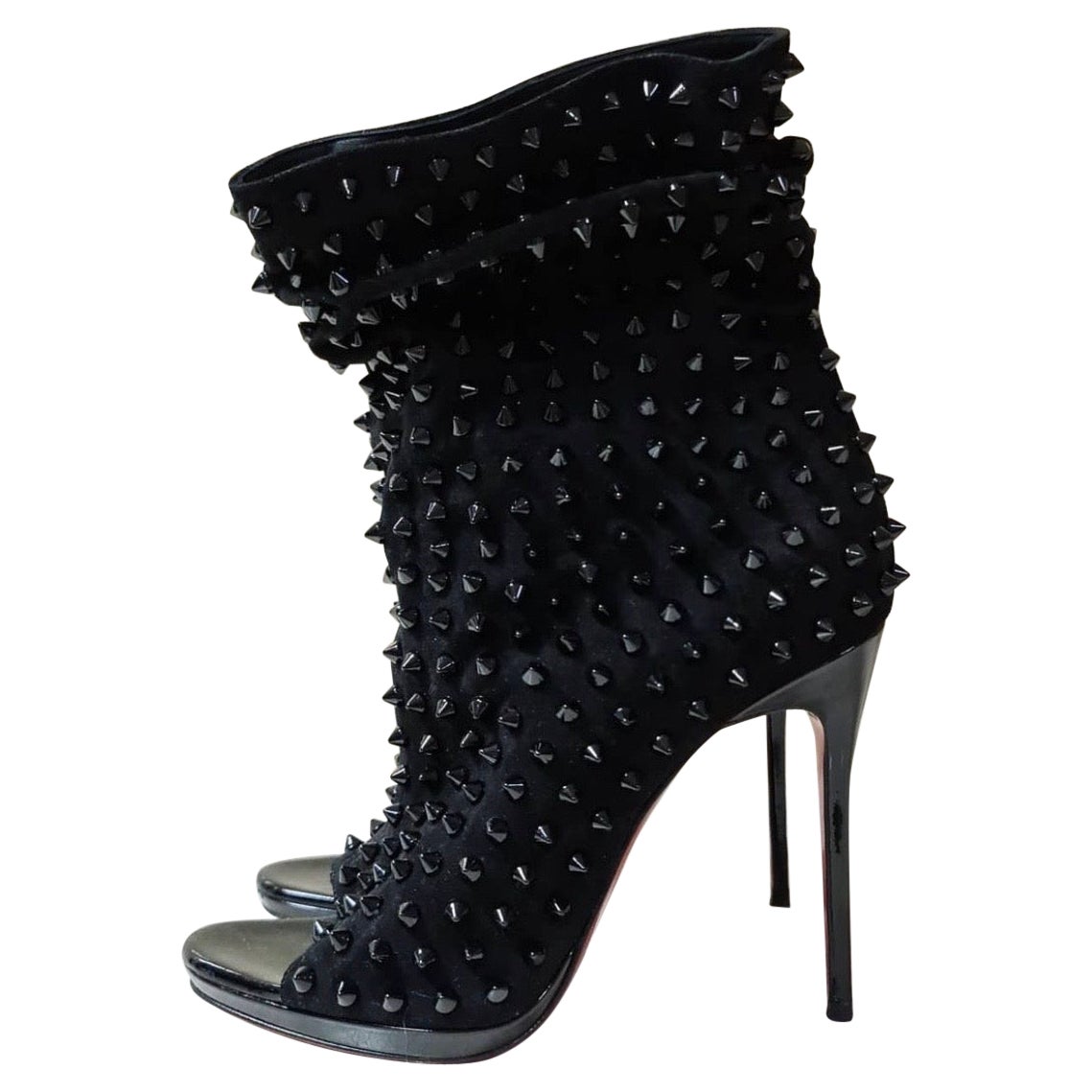 Christian Louboutin Black Spiked Suede Guerilla Open Toe Slouchy Booties