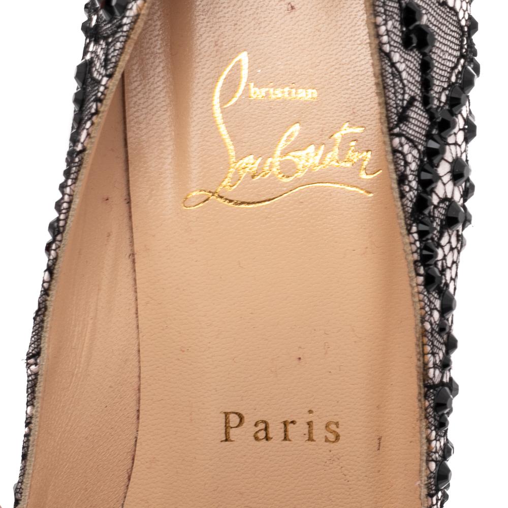 Donna Christian Louboutin Nero Strass Lace Very Prive Peep Toe Platform Pumps Taglia 37