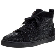 Christian Louboutin Black Strass Suede Leather Louis High Top Sneakers Size 42
