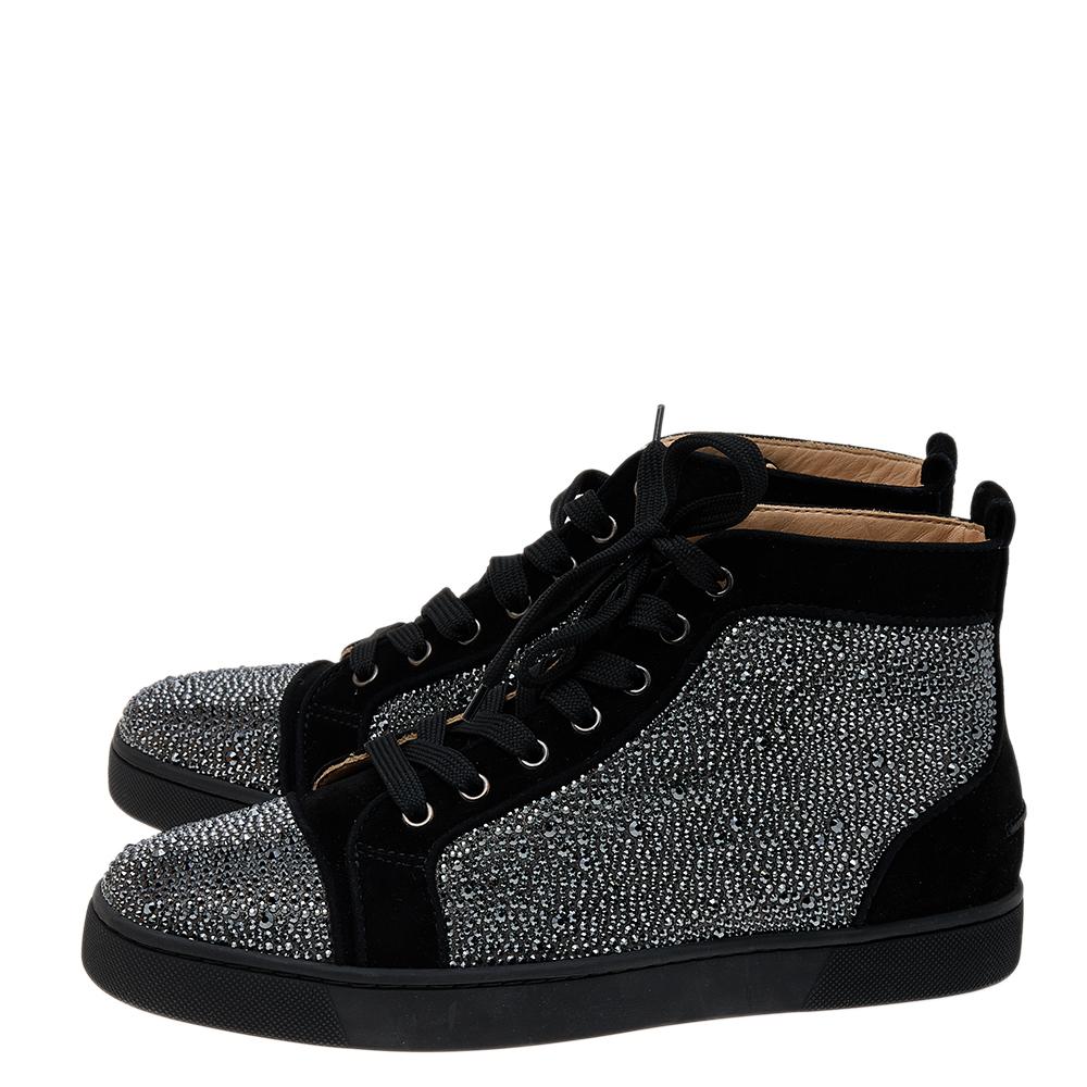 Men's Christian Louboutin Black Strass Suede Louis High Top Sneakers Size 41