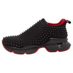 Used Christian Louboutin Black Stretch Fabric Spike Sock Slip On Sneakers Size 40.5