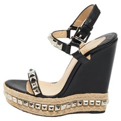 Christian Louboutin Black Studded Cataclou Espadrille Wedge Sandals Size 37