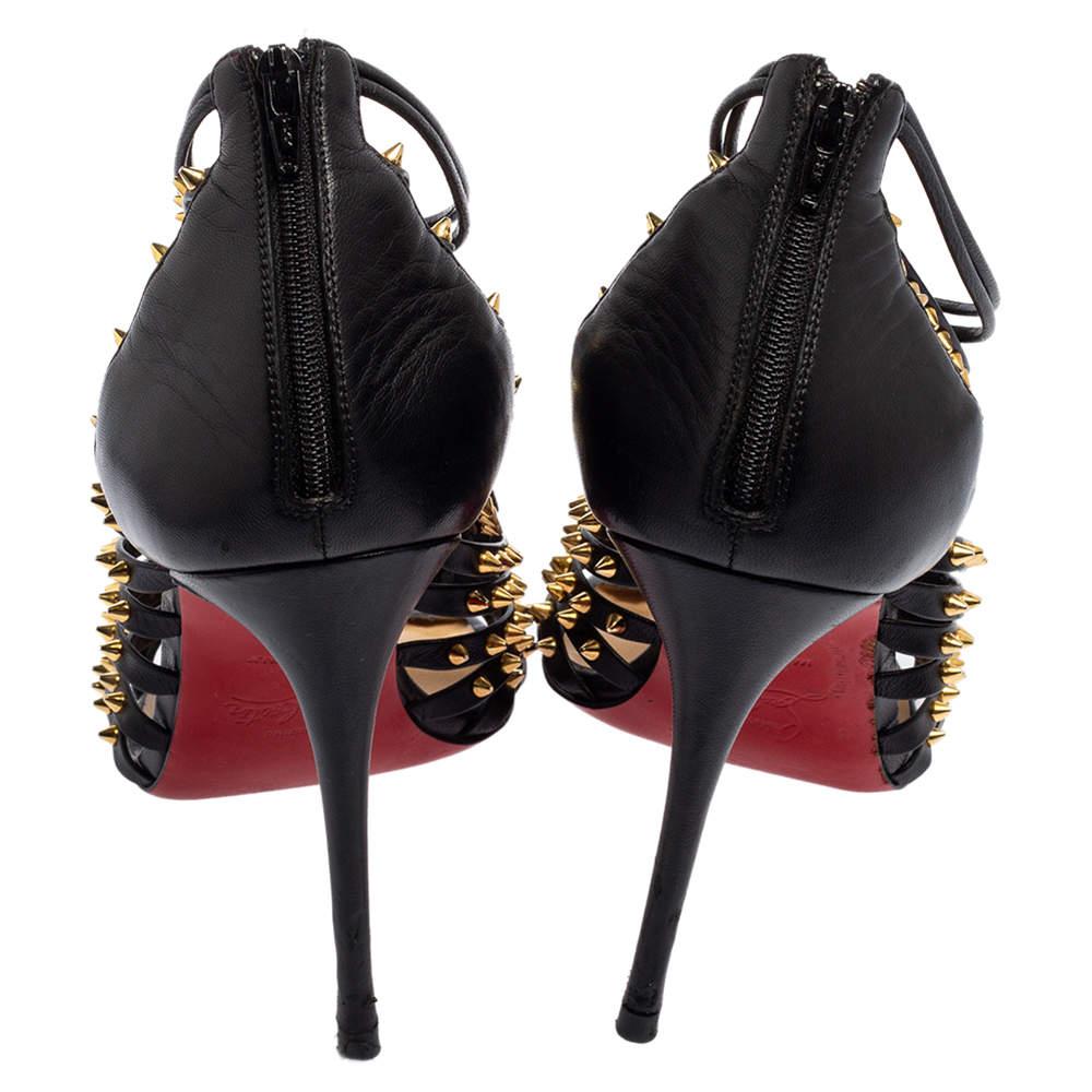 The House of Christian Louboutin has designed these flawless Millaclou sandals that will surely elevate your appearance in no time! They are made using black studded leather on the exterior and feature peep-toes, zipped counters, and slender heels.