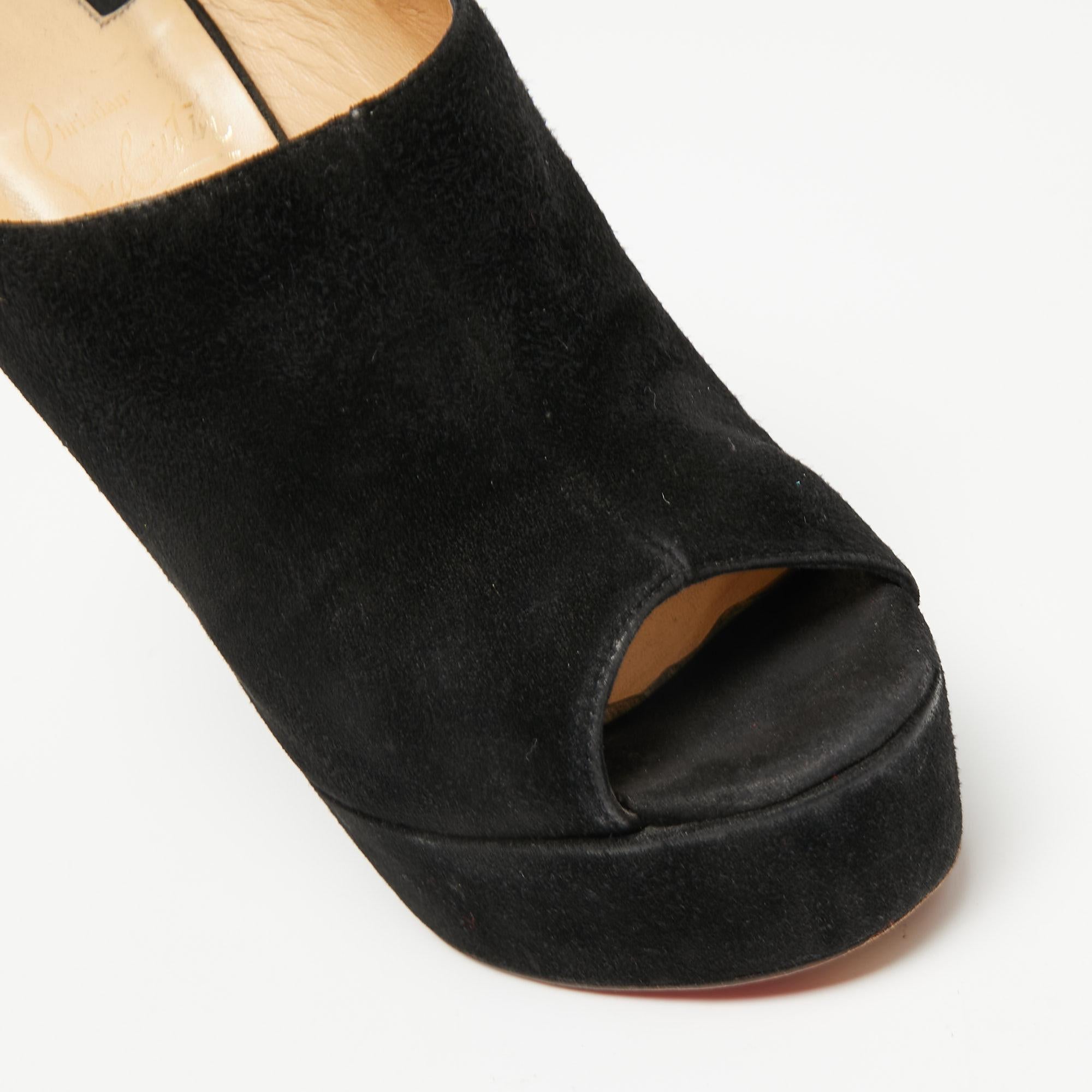Christian Louboutin Black Suede Affiche Peep-Toe Wedge Slide Sandals Size 36 For Sale 2