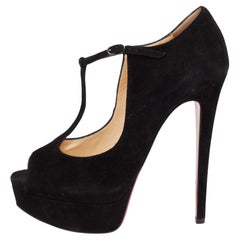 Christian Louboutin Black Suede Alta Poppins T-Strap Pumps Size 37.5