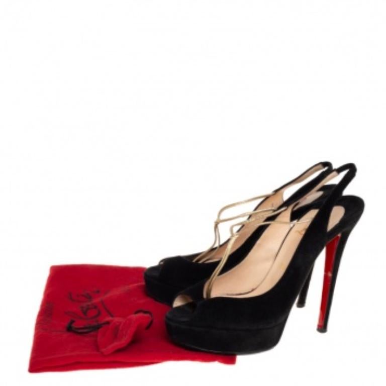 Be ready for constant attention and admirable glances from your audience when you walk in these platform pumps from Christian Louboutin. Crafted from black suede, they feature peep toes and slingbacks. They are elevated on 13.5 cm heels and endowed