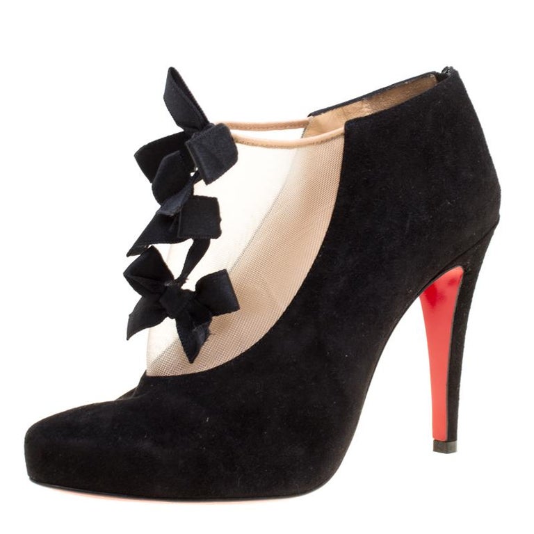 Christian Louboutin Black Suede And Beige Mesh Bow Detail Booties Size ...