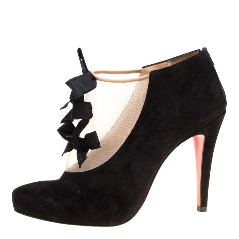 Christian Louboutin Black Suede And Beige Mesh Bow Detail Booties Size 37.5 For Sale 2