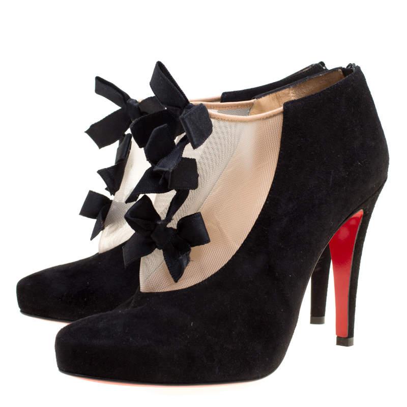 Christian Louboutin Black Suede And Beige Mesh Bow Detail Booties Size 37.5 For Sale 3